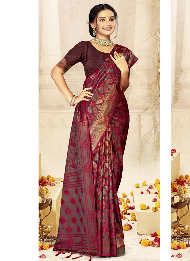 Sattin Silk Dark Pink Traditional Wear Weaving Saree